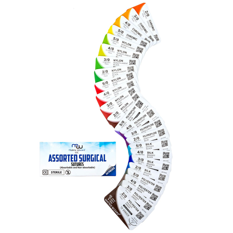 Mixed Sutures Thread with Needle (Absorbable: Chromic Catgut; Non-Absorbable: Nylon, Silk, Polyester, Polypropylene) - Surgical Wound Practice Kit, Emergency First Aid Demo (2-0, 3-0, 4-0, 5-0) 24PK
