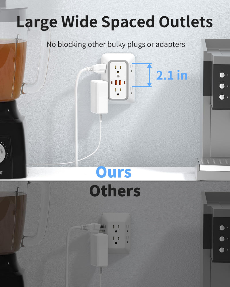 Outlet Extender 6 AC Surge Protection 1050J,Wall Charger 2 USB A&2 USB C | Multi Plug Wall Outlet,6 Outlet Splitter,3-Sided Power Strip,Wide Space Wall Adapter for Home Office Kitchen Travel 1 pack