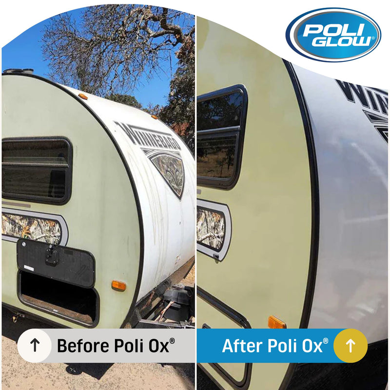 Poli Ox® Oxidation Removal Kit for Boats, RVs, or Fiberglass Surfaces–Removes Heavy Oxidation, Stains & Grime–Safe on Fiberglass, Gelcoat, Vinyl Decals: Includes 16 oz Cleaner, Scrub Pad & Sanding Pad Powder Ox