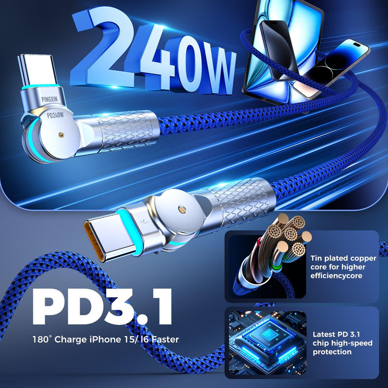 USB C to USB C Cable10ft,240W 2-Pack Braided 180°Rotating Type C Charging CableFast Charge for iPhone 15/16/16Pro/16Plus/16ProMax,MacBook Air,iPad Pro,Pixel,Samsung Galaxy S23/S24 Ultra-Blue 10FT Blue