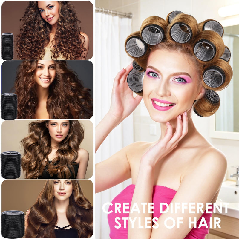 Hair Rollers Set, 49 PCS Curling Set Includes 24 Self-Grip Rollers, 12 Hair Pins, 12 Sectioning Clips & Comb, No Heat Hair Curlers for Volume, Waves & Styling at Home Black