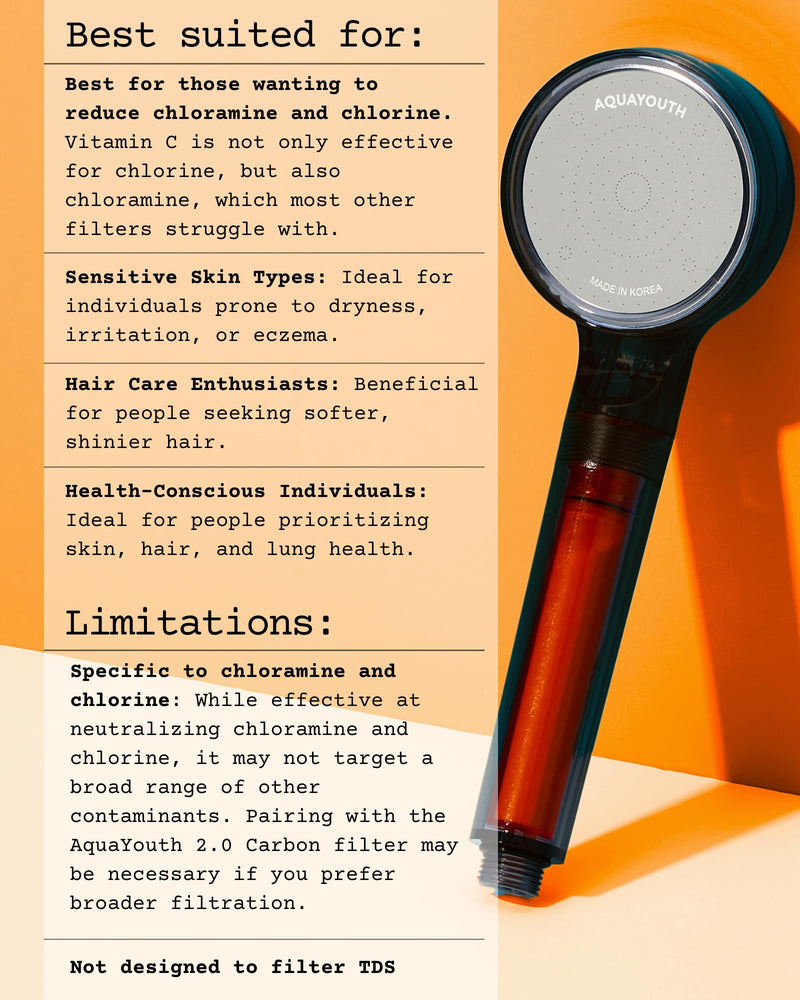 AquaYouth Vitamin C Handheld Shower Head | Built-in Vitamin C + Ceramic Balls Reduces Chlorine & Chloramine, While Improving Skin and Hair Health