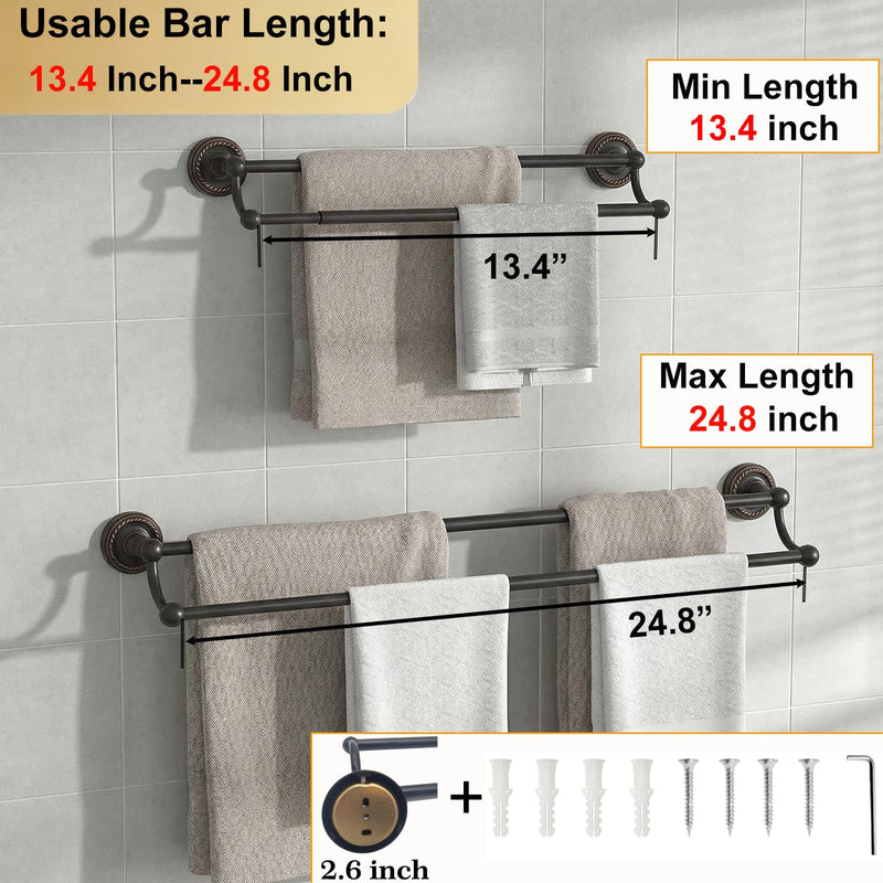 Double Towel Bar, Antique Brass Towel Racks for Bathroom Wall Mount | Adjustable Vintage Black Towel Bar Fits 16.4-27.8 Inch Wall Space, Brass Rustproof Towel Rod Holder Bathroom Hardware