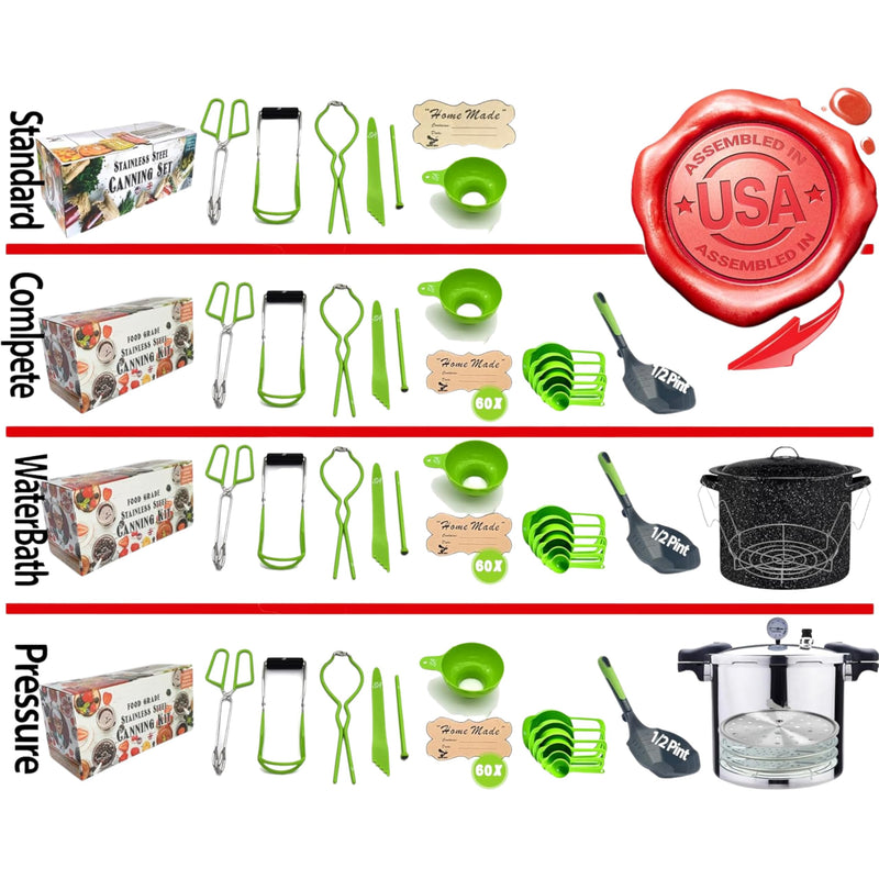 Supa Ant Canning Supplies - US Assembled Certified Food Grade Stainless Steel Canning Kit with XL Ladle, Wide Kitchen Funnel, Jar Lifter and Wrench, Bubble Popper/Measurer, Lid Lifter, Kitchen Tongs Stainless Steel with Green Coating Silver and Green