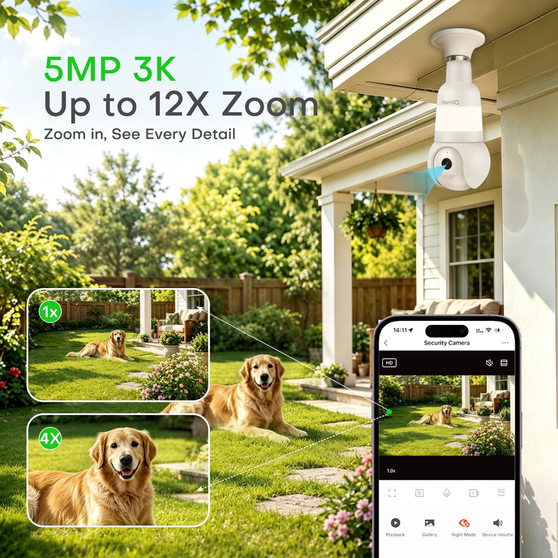 5MP 3K Light Bulb Camera,Color Night Vision Wireless with Alexa | Smart Detection & Two-Way Audio,Light Bulb Camera Outdoor Indoor with 2.4GHz & 5GHz Dual-Band WiFi E26/27 5MP