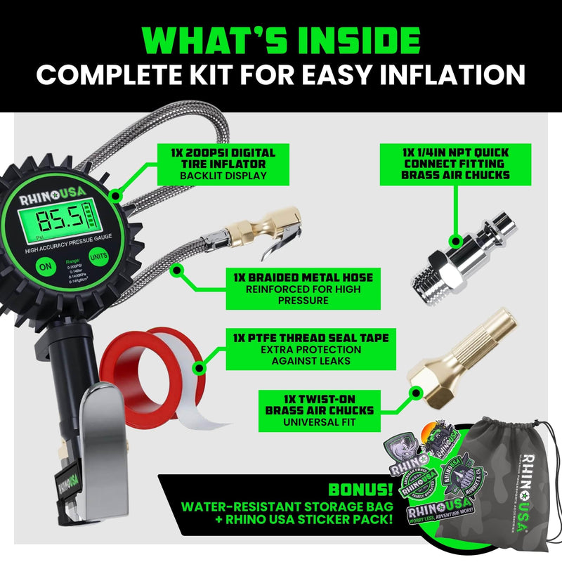 Rhino USA Digital Tire Pressure Gauge with Inflator (0-200 PSI) - Heavy Duty Air Chuck and Compressor Accessories with Stainless Braided Hose, Large 2" Dial and Solid Brass Hardware for Truck and RV 200psi Digital