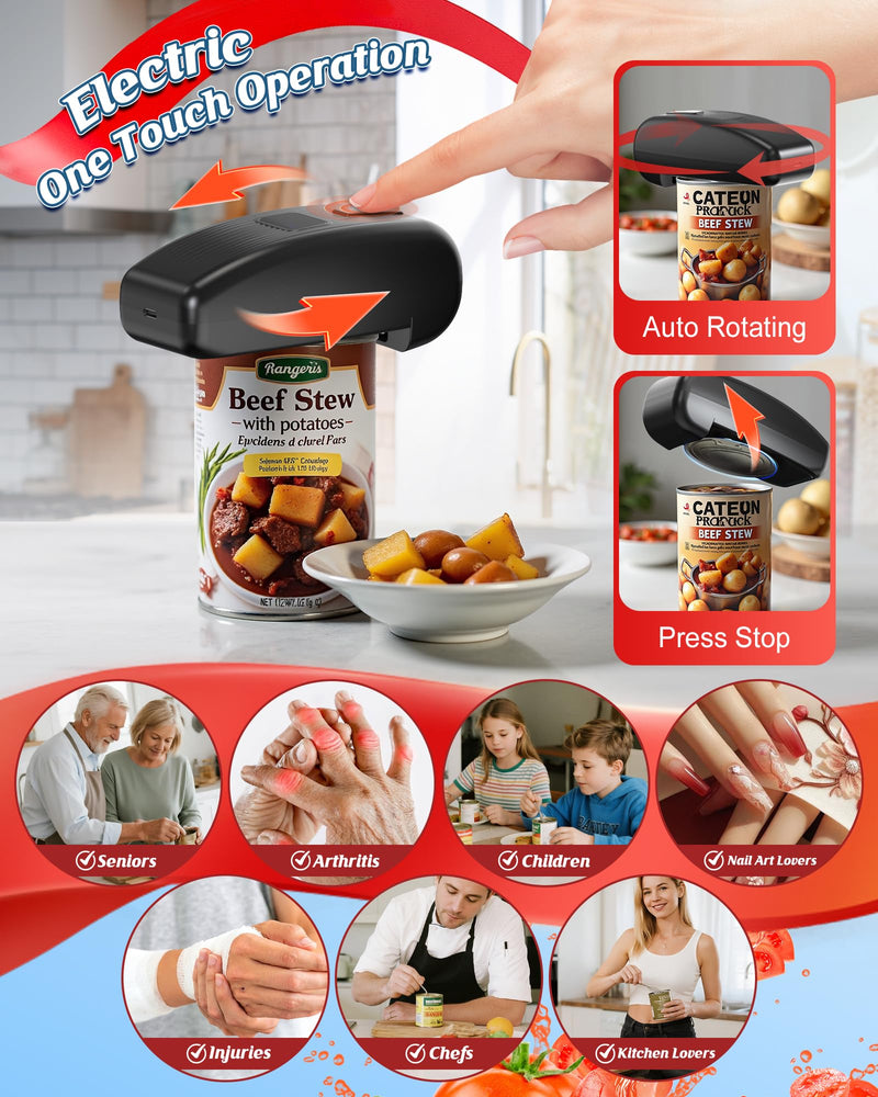 HuiJuKeJi LED Automatic Can Opener, Hands-Free One-Touch Operation Electric Can Opener, Auto-Stop Smooth Edge Safety & USB Rechargeable for Seniors Arthritis Effortless Opening Kitchen Gadget Gift
