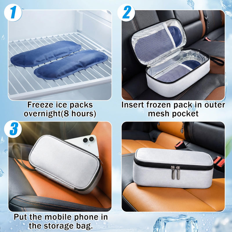 Phone Cooler Bag for Beach, Portable Phone Cooling Pouch with 2 Reusable Ice Packs, Keeps Cool in Extreme Heat for Car Pool Hiking, Extends Battery Life, Fits All Smartphones(Silver,PU) Silver Polyurethane (PU)