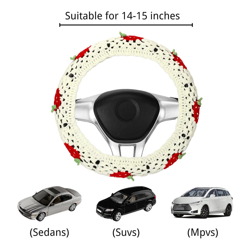 Crochet Steering Wheel Cover Set,Cute Car Steering Wheel Cover Boho 14-15 in, White Strawberry Granny Square Pattern,Women Car Accessories (A Wheel Cover) A Wheel Cover