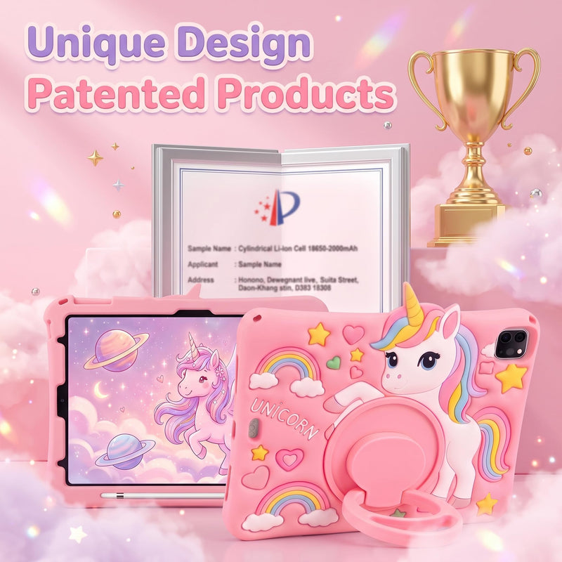 Cute 3D Cartoon Kids Case for iPad Air 11 Inch (M4/M3/M2), Air 5th/4th 10.9" & Pro 11" (1-4th Gen Only) Silicone Cover with Pencil Holder, 360 Stand, Strap, with Unicorn Pattern, Pink For iPad Air 11" M4/M3/M2/5/4 & Pro 11" 4/3/2/1
