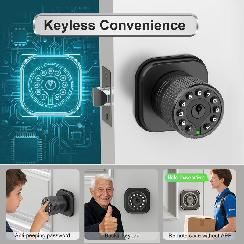 Keyless Entry Knob Lock with Keypad and Key,Auto Lock,Waterproof,Easy to Install and Program, Work with 4 AAA Batteries for Bedroom,Exterior & Interior Doors. (Black with Keypad) Black With Keypad