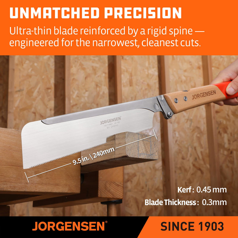 JORGENSEN Japanese Pull Saw, 9.5 Inch Pro Folding Dovetail Saw with Beech Wood Long handle, SK5 Steel Blade Tool-less Quick Change, 21TPI Cross Cut Woodworking Handsaw for Hardwood, Softwood