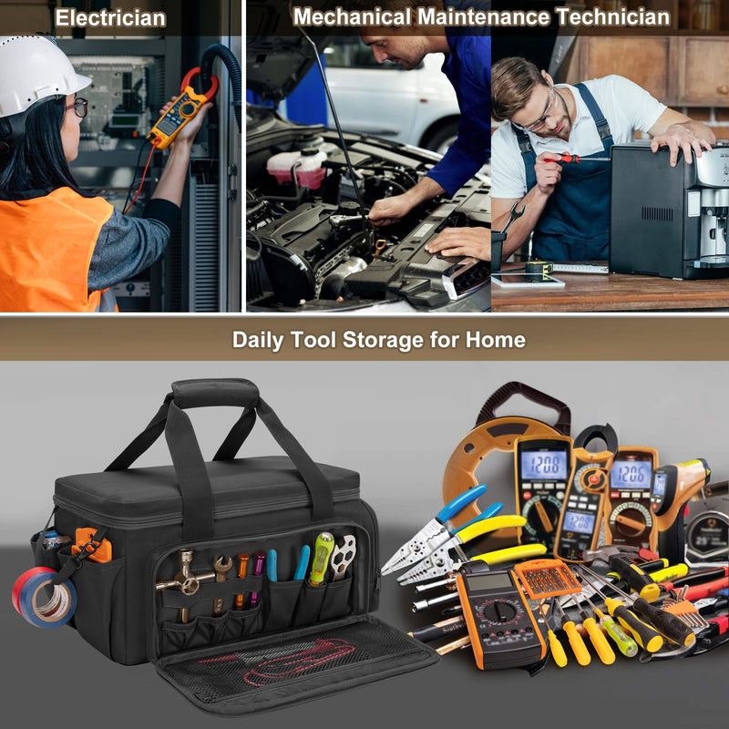Rexmica 14-Inch Tool Bag with Anti-friction Bottom, Hand Tool Storage Organizer for Men, Tactical Range Bag, Multi-purpose Work Tote for Repairman, Carpenters, Handyman, Black