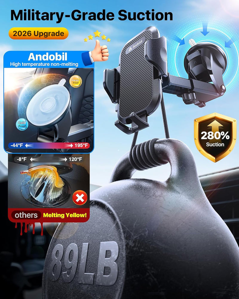 andobil Military-Grade Phone Holders for Your Car 【89+ LBS Strongest Suction & Metal Clip】 2026 Ultimate Car Phone Holder, Dashboard Windshield Vent Cell Phone Car Mount for iPhone Sumsung Android Black