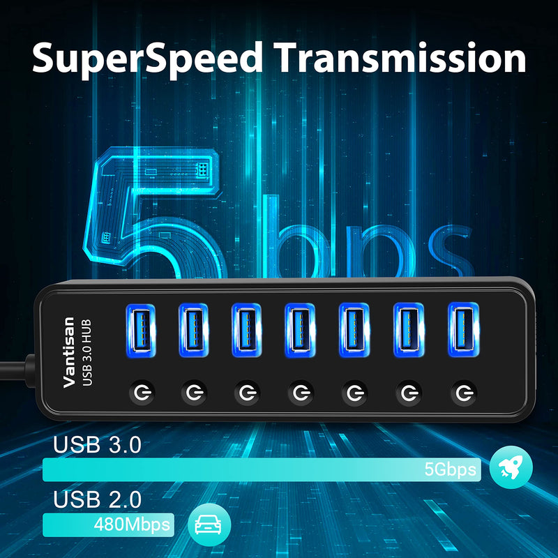USB Hub 3.0 Powered, 7 Ports USB Data Hub Splitter with One Smart Charging Port and 5V/4A Powered Adapter and ON/Off Switches for MacBook, Mac Pro/Mini, iMac, Surface Pro Laptop/PC black
