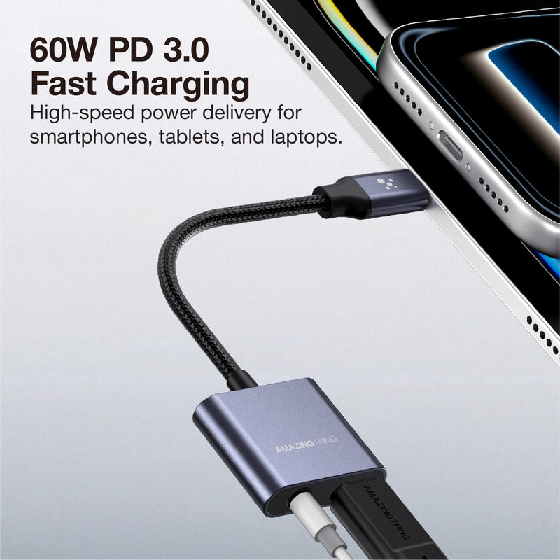 AMAZINGthing for iPhone 17-15, Samsung S26-S22, iPad [Thunder PRO 60W USB-C Adapter] USB-C to 3.5mm Audio Adapter, 24bit/96KHz Hi-Res Sound, 60W PD Fast Charging, in-Line Control