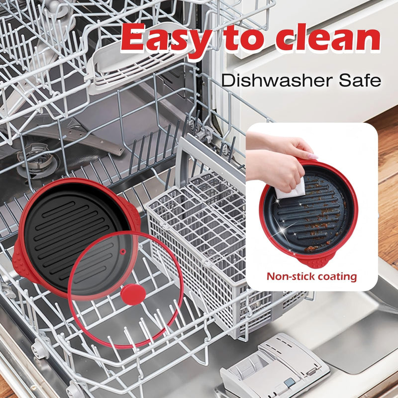 Microwave Grill Pan with Glass Splatter Cover（BPA Free） | Nonstick Microwave Crisper Pan & Cookware Accessories for Grilling Meat, Sandwich, Chicken Wings, Sausage,Dishwasher Safe Red+Glass
