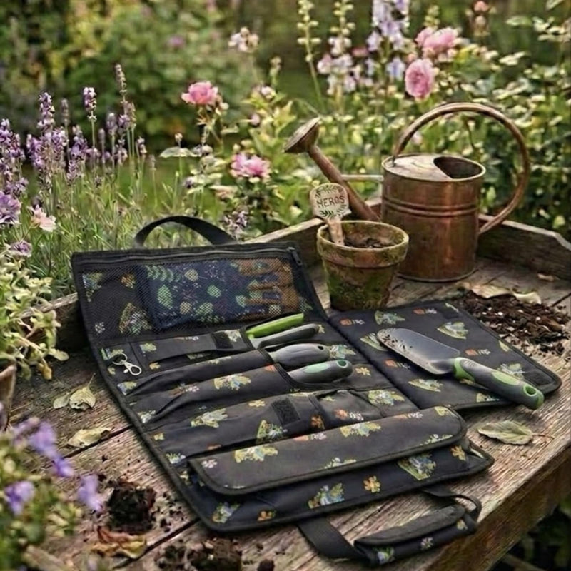 Garden Tool Bag, Roll-Up Garden Tool Holder with Deep Pockets | 900D Polyester Heavy Duty Gardening Tote | Compact Washable Organizer for Tools, Seeds, and Essentials (Tools Not Included) Ogre Print