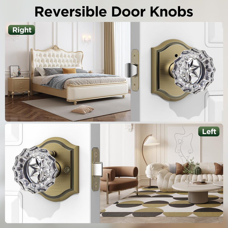 1 Pack Glass Door Knob, Rosette Shaped Crystal Door Knobs with Lock, Antique Brass Door Knobs Interior Glass 1