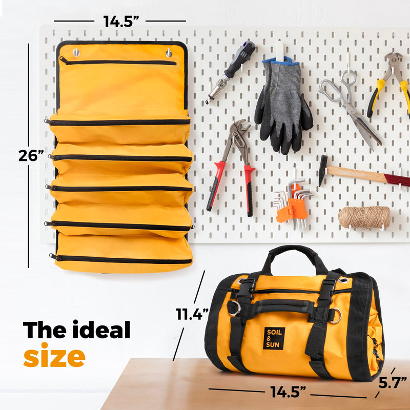 Soil & Sun Heavy Duty Tool Roll Bag Organizer - Travel roll up tool bag with 6 Zip Organizer Pouches - Compact Portable Tool Bags for Men, Contractors, Plumbers, Electricians - Man Gifts for Dad