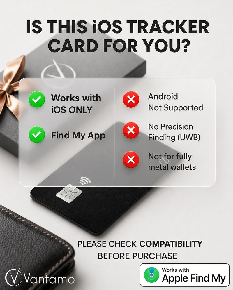 Vantamo Ultra-Thin Wallet Tracker Card, Apple MFi Certified, IP68 Waterproof Bluetooth Smart Card Wallet Tracker & Passport, Works with Apple Find My, Wireless Charging, iOS Only Credit Card without Pattern