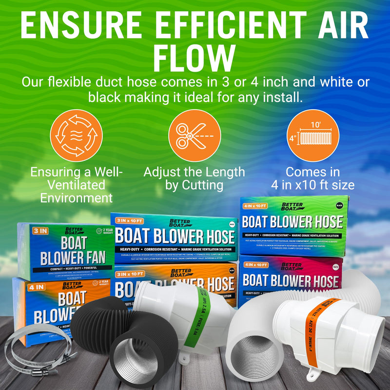 Boat Blower Hose, 4 Inch Marine Exhaust Hose, 10 Ft Flexible PVC Duct for Bilge, Engine Compartment, Galley, Head, or Dryer Vent, Black