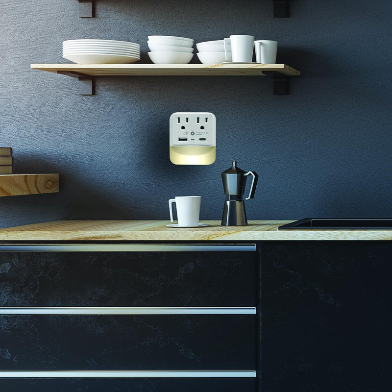 2 Outlet Extender with 1 USB-A & 1 USB-C with White Led Light - Multi Plug Outlet with 300 Joules Surge Protector - Multipurpose USB Outlet with 2.4A Fast Charging (White) 2 Outlet Extender with 1 USB-A & 1 USB-C