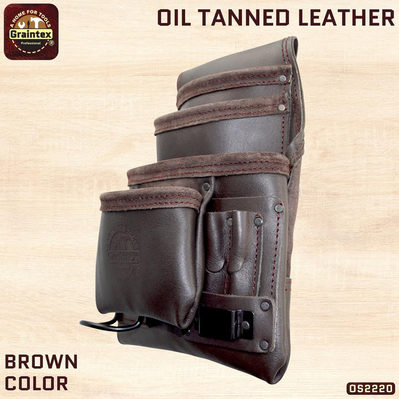 Graintex OS2220 10 Pocket Oil Tanned Leather Nail & Tool Pouch Dark Brown Color for Constructor/Electrician/Plumber