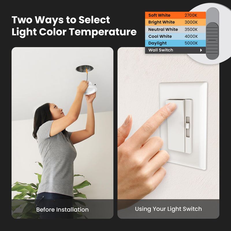 Feit Electric LED Recessed Light Retrofit Kit - 5/6 in Dimmable with Baffle Trim, 75W Equivalent, Adjustable White 2700K–5000K, 90+ CRI, for Living, Bathroom, Dining & Kitchen Room 6 Count (Pack of 1) 6 Way + 75W