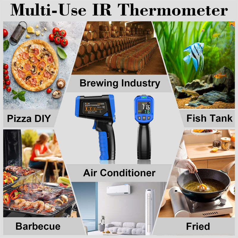 FKM Laser Thermometer Gun -58°F~1112°F(-50°C~600°C),Non Contact Infrared Thermometer Gun for Industrial,Engine,HVAC,Kitchen Cooking,Digital Temperature Gun Adjustable Emissivity,Not for Human Blue