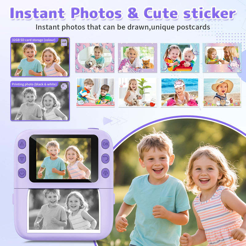 Instant Print Camera for Kids, Christmas Birthday Gifts for Girls Boys, 1080P Instant Digital Print Cameras for Toddler,Portable Toy for 4 5 6 7 8 9 10 Year Old Girl with 32GB SD Card，Purple Purple