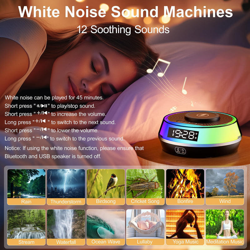 Wireless Charger Alarm Clock for Bedroom, 5W Bluetooth Speaker, 12 Soothing Sounds Machine, Dual Alarms, RGB Light, Ideal Gift for Heavy Sleepers, Adults, Teens, Kids, Senior(Black)