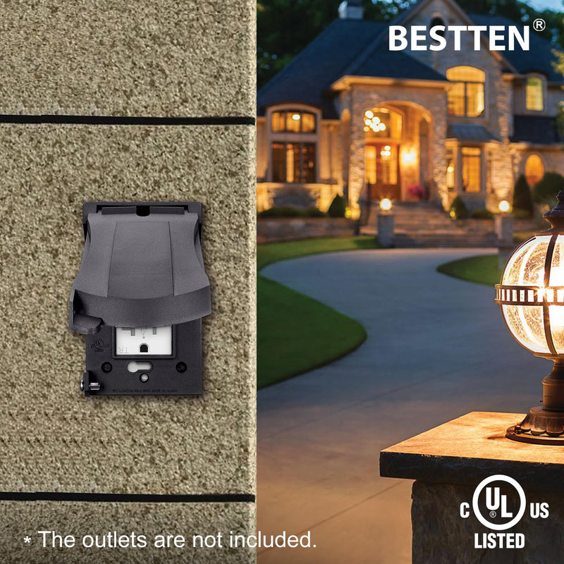 [10 Pack] BESTTEN Outdoor Outlet Cover for GFCI and Decorator Receptacle, Weatherproof, Vertical/Horizontal Auto-Closing Lid, Black, H4.65" x W2.87" x D0.71" 10