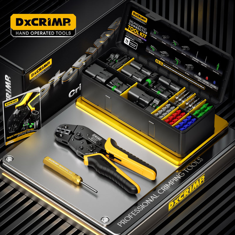 Weather Pack Connectors Crimping Tool Kit, 1–4 Pin Automotive Connector Set with Ratcheting Crimper 22–12 AWG & Extraction Tool, for Harness Repair, Compatible with Delphi/Aptiv Weather Pack 1-4 Pin | 22-12 AWG