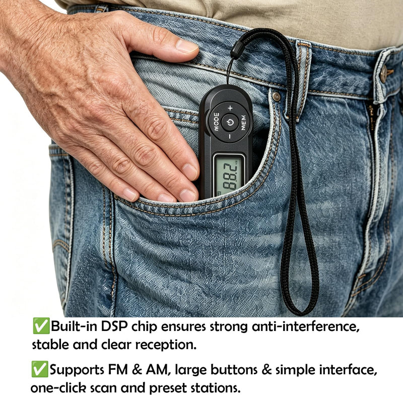 Mini DSP FM Radio Portable, Pocket Radio LCD Belt Clip for Seniors Outdoor | Lightweight Battery Powered FM Radio with Headphones, 20 Preset Stations & Station Memory for Jogging Hiking Travel