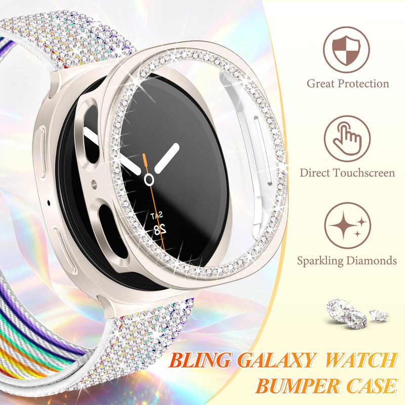 WIPALOR Bling Nylon Pride Band with Case for Samsung Galaxy Watch 9/8 Band 40mm with Bling Protective Cover Case for Women, Sport Magnetic Dressy Samsung Galaxy Watch 9/8 Bands 40mm for Women-Pride Rainbow Rainbow Nylon Band+Starlight Case