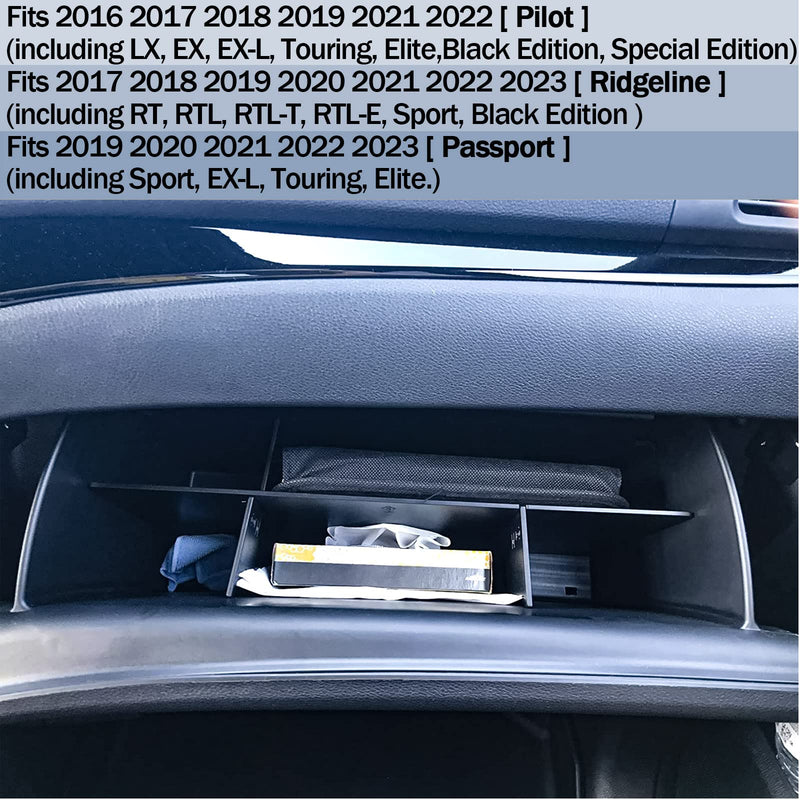 TACORBO Glove Box Organizer Compatible with Honda Pilot 2016-2022 / Ridgeline 2017-2022 2023/ Passport 2019-2022 2023 Accessories, Insert Glove Compartment Black ABS Materials
