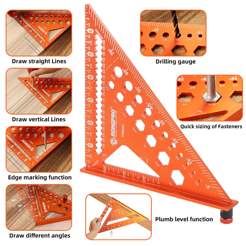 2pcs Rafter Square, 12-inch & 7-inch Carpenter Sqaure Set withWoodworking Pencil, Carpenter Measuring Layout Tool,Aluminum Alloy Triangle Ruler for Woodworking- Imperial 7+12 inch