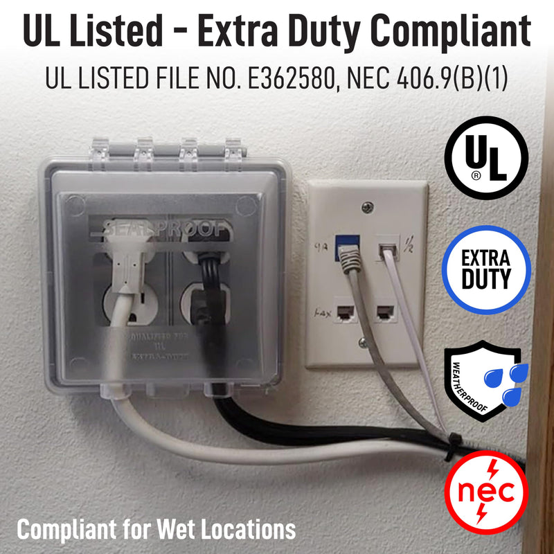 Sealproof 2-Gang Weatherproof Lockable In Use Electrical Power Outlet Cover, Two Gang, UL Extra Duty Compliant, 45-in1, Plastic Clear Frost Standard 2-Pk