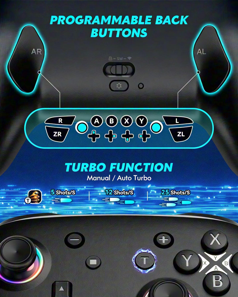Switch Controller, Wireless Bluetooth Controller for Nintendo Switch 2/Switch/Lite/OLED, game controllers Compatible with iPhone/Mac/iPad/iOS/Android/Phone/PC/Steam and TV with Rotary Motors, RGB Hall Effect Joysticks/Macro Back Buttons/Turbo Modes/6-A...