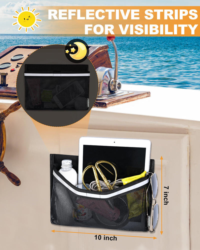 PLOZANO Boat Storage Accessories, 2PCS Closable PVC Reflective Self-Adhesive Universal Boat Caddy Organizer Mesh Bag for Gloves, Tools, Tackle, Gear 10"*7"