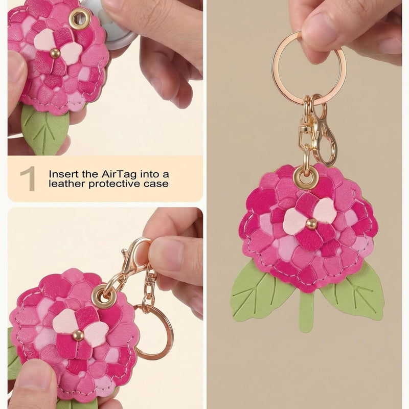 Leather Keychain Case Compatible with AirTag, Shockproof Anti‑Lost Tracker Protective Cover with Key Ring for Daily Use (Red Hydrangea) Red hydrangea