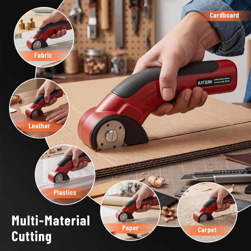 Katerk 4.4V Cordless Electric Scissors, Cardboard Cutter Electric with 2pcs Blade, USB-Rechargeable Powerful Fabric Cutter, Power Shears, Electric Scissors for Cardboard, Leather, Carpet, Plastic,Felt Red