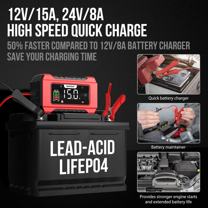  [AUSTRALIA] - NEXPEAK NC215 15-Amp Battery Charger, 12V 24V LiFePO4 Lead Acid Portable Car Battery Charger 9-Stage Trickle Charger Smart Battery Maintainer w/Temp Compensation for Car Truck Lawn Mower Boat Marine