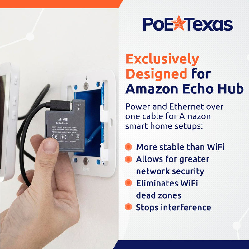 PoE Texas at-HUB PoE+ to USB-C Power and Data Delivery for Amazon Echo Hub Smart Home Control Panel - Power Output, 10/100 Mbps Speeds with USB-C Cable - Compatible with 802.3at PoE+ Switch