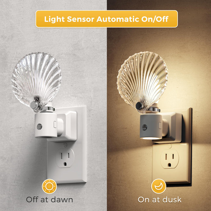 L LOHAS LED Night Light, Night Lights Plug into Wall, Shell Style Glass Nightlight Rotating, Dimmable Nightlights Plug in with Light Sensor, Soft White Nightlights for Hallway Bedroom Bathroom, 2 Pack