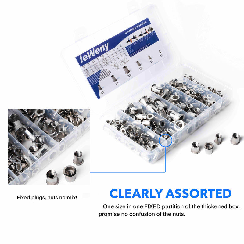Stainless Steel Rivet Nut Assortment Kit(216Pcs), 1/4"-20, 3/8"-16, 5/16"-18, #10-24, #8-32, #6-32UNC SAE Rivnuts Set, Threaded Inserts for Sheet Metal, Automative and Out Door Solar Panel Silver SAE -216pcs