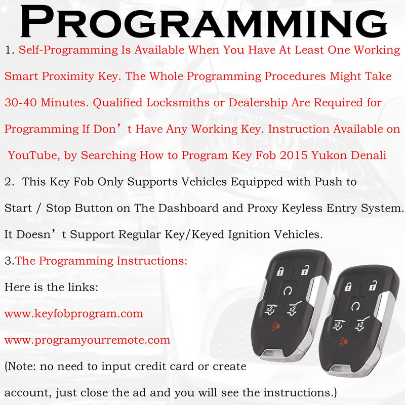 Car Key Fob Replacement Fits for Chevy Suburban Tahoe GMC Yukon/Yukon XL Denali 2015- 2020 Push Start 6 Buttons Smart Keyless Entry Remote Start Control ‎13580804 Set of Two HYQ1AA 13508280