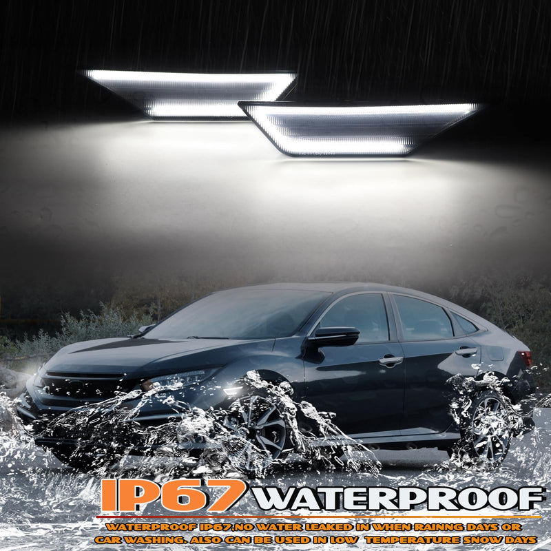 White LED Side Marker Lights for Honda Civic 2016-2021 10th Gen Civic Sedan Coupe Hatchback, Front Bumper Fender Turn Signal Reflector Daytime Running Lights, Smoked Lens 2PCS