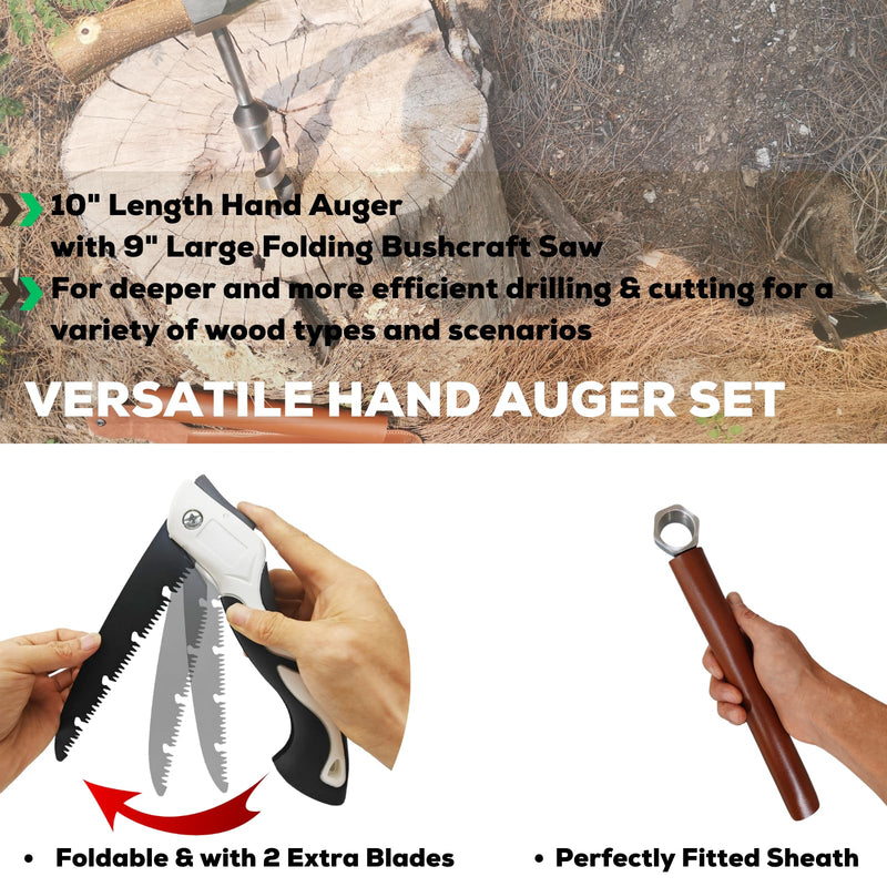 Hand Auger Wood Drill, Upgrade Welds Bushcraft Auger w/ Sharp Scottish Eye, Survival Tools for Bushcraft Projects/ Camping/Outdoors, 1*10inch Settlers Wrench & Folding Saw Kit, Bushcraft Gear